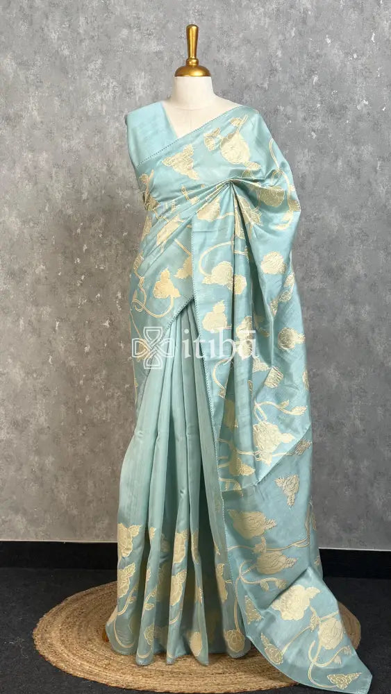 SEMI TUSSAR APPLIQUE EMBROIDERY SAREE - PASTEL AQUA BLUE