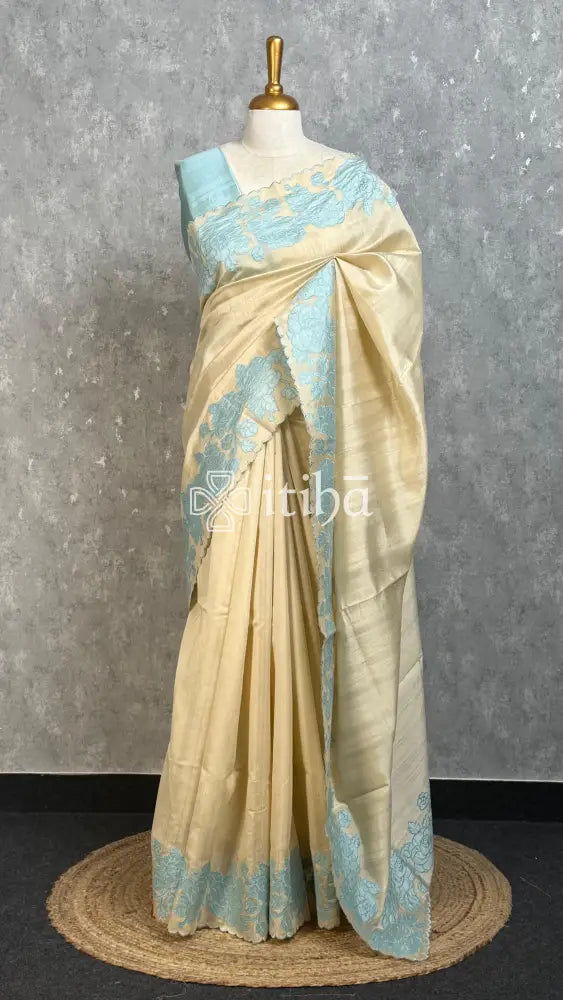 SEMI TUSSAR APPLIQUE EMBROIDERY SAREE - PASTEL AQUA BLUE