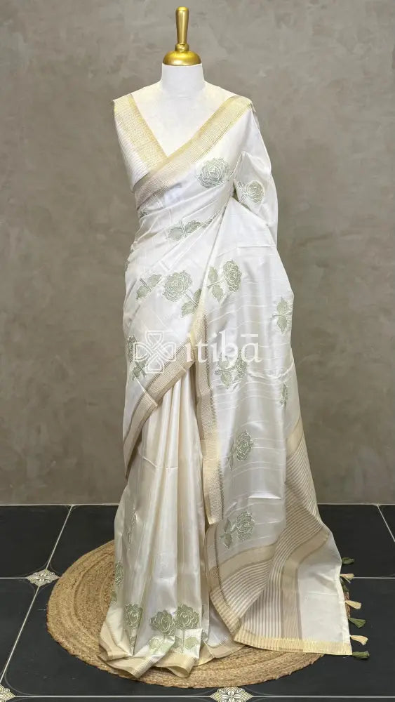 SEMI TUSSAR APPLIQUE EMBROIDERY SAREE - PASTEL GREEN