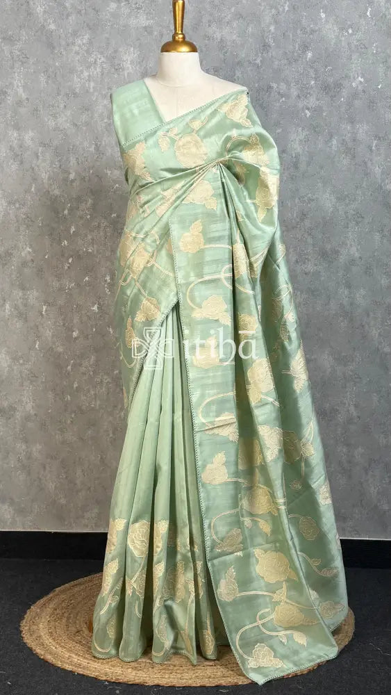 SEMI TUSSAR APPLIQUE EMBROIDERY SAREE - PASTEL GREEN