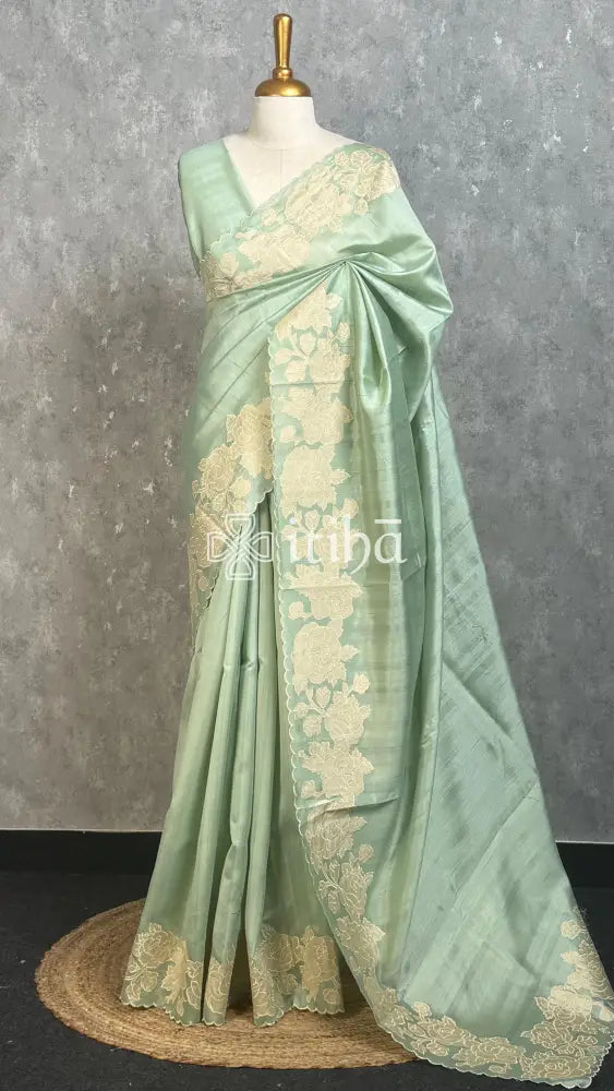 SEMI TUSSAR APPLIQUE EMBROIDERY SAREE - PASTEL MINT GREEN