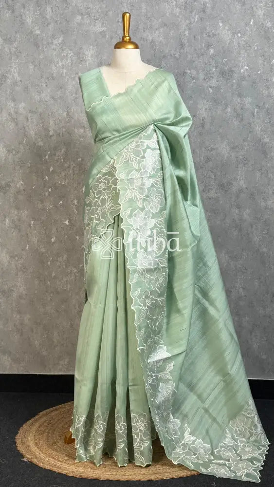 SEMI TUSSAR APPLIQUE EMBROIDERY SAREE - PASTEL MINT GREEN