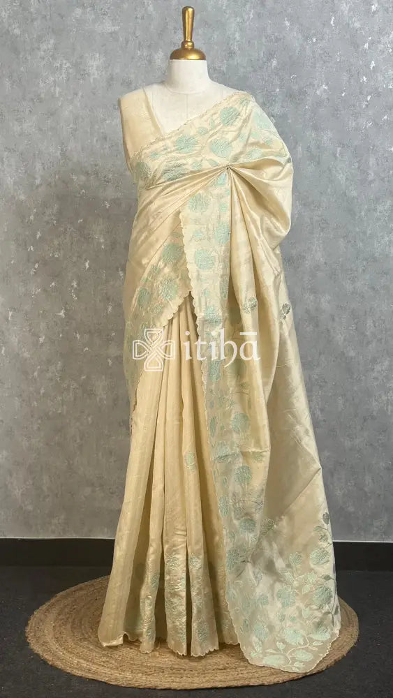 SEMI TUSSAR APPLIQUE EMBROIDERY SAREE - PASTEL MINT GREEN