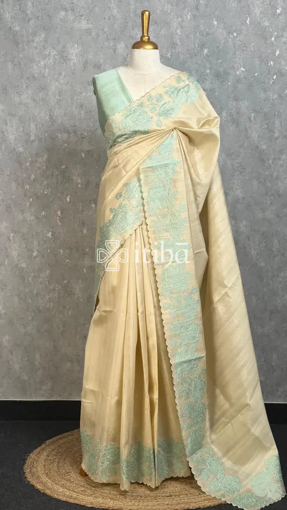 SEMI TUSSAR APPLIQUE EMBROIDERY SAREE - PASTEL MINT GREEN