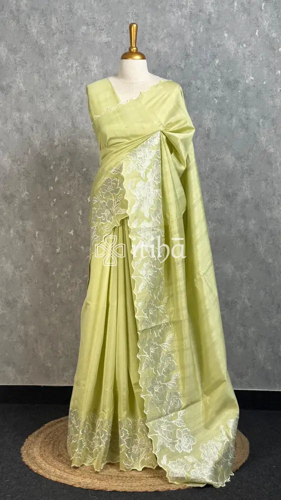SEMI TUSSAR APPLIQUE EMBROIDERY SAREE - PASTEL PISTA GREEN