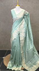 SEMI TUSSAR APPLIQUE EMBROIDERY SAREE - PASTEL SAGE GREEN