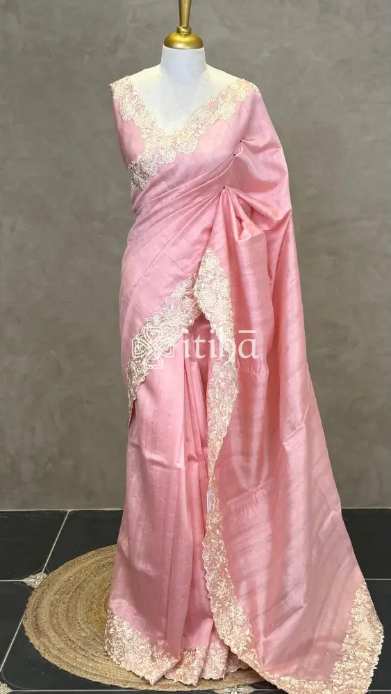 SEMI TUSSAR APPLIQUE EMBROIDERY SAREE - PEACH PINK
