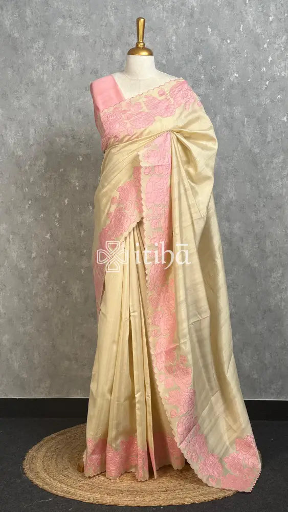 SEMI TUSSAR APPLIQUE EMBROIDERY SAREE - PEACH PINK