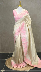 SEMI TUSSAR APPLIQUE EMBROIDERY SAREE - PEACH PINK