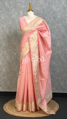SEMI TUSSAR APPLIQUE EMBROIDERY SAREE - PEACH PINK