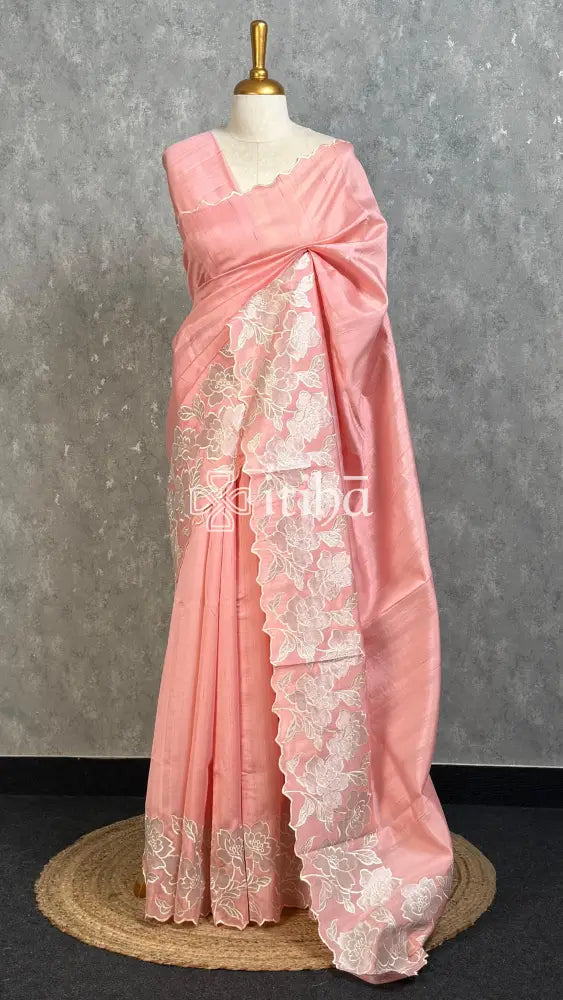 SEMI TUSSAR APPLIQUE EMBROIDERY SAREE - PEACH PINK