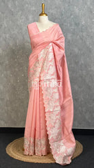 SEMI TUSSAR APPLIQUE EMBROIDERY SAREE - PEACH PINK