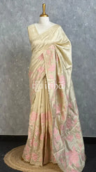 SEMI TUSSAR APPLIQUE EMBROIDERY SAREE - PEACH PINK
