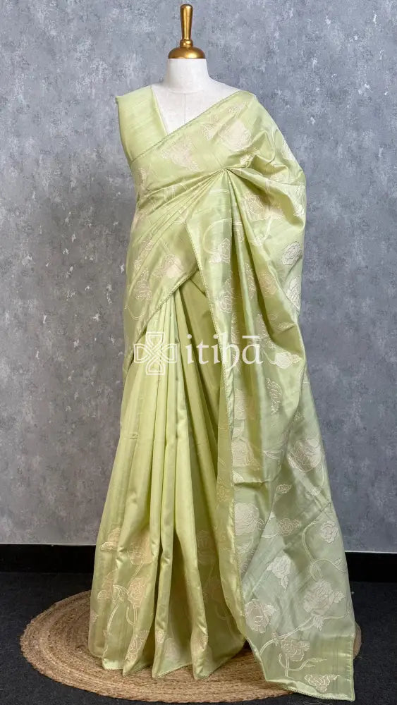 SEMI TUSSAR APPLIQUE EMBROIDERY SAREE - PISTA GREEN