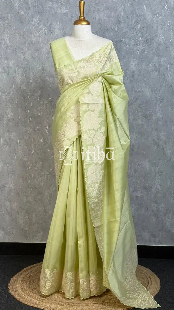 SEMI TUSSAR APPLIQUE EMBROIDERY SAREE - PISTA GREEN