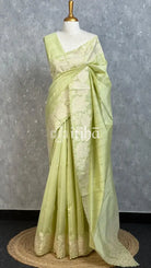 SEMI TUSSAR APPLIQUE EMBROIDERY SAREE - PISTA GREEN