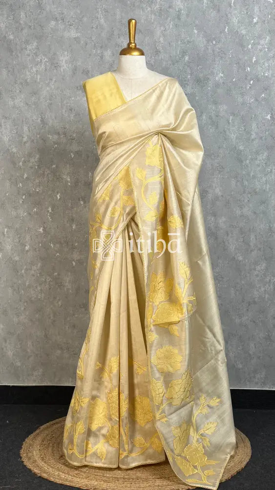 SEMI TUSSAR APPLIQUE EMBROIDERY SAREE - Yellow