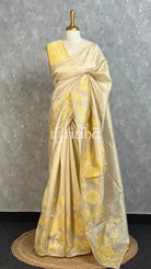 SEMI TUSSAR APPLIQUE EMBROIDERY SAREE - Yellow
