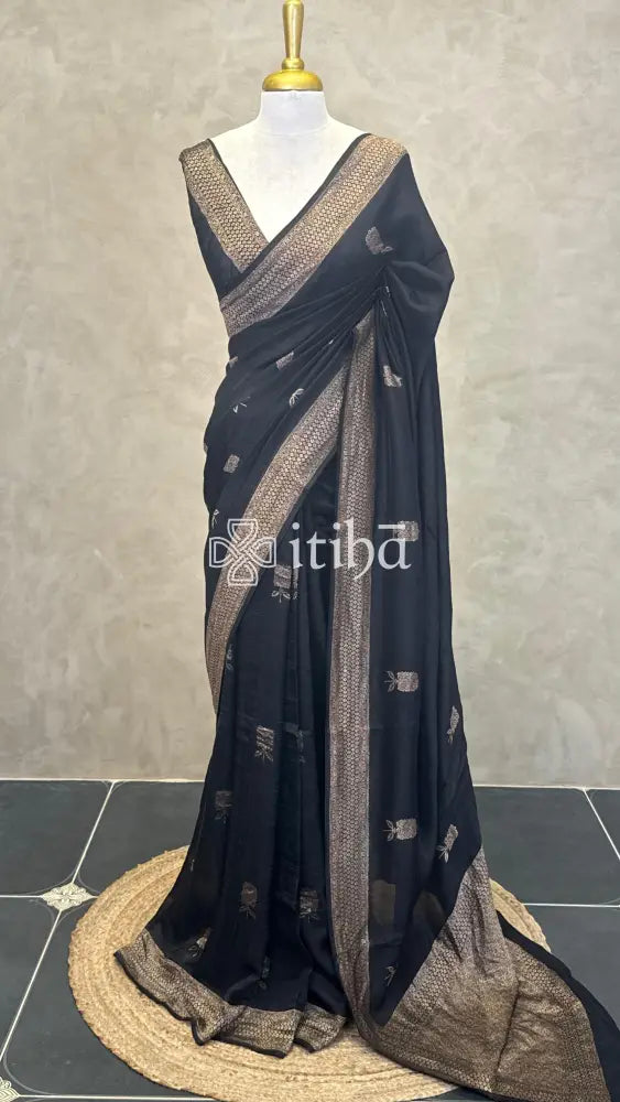 SEMI TUSSAR BANARASI SAREE - Black