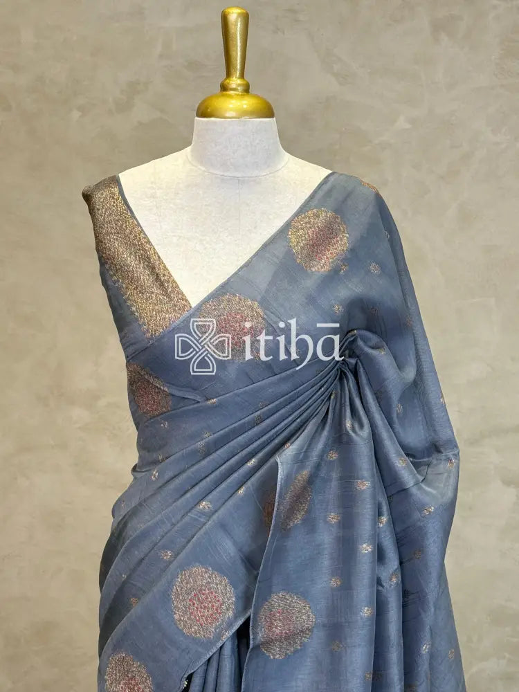 SEMI TUSSAR BANARASI SAREE - GREYISH BLUE