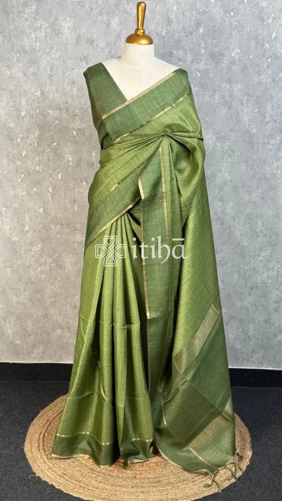 SEMI TUSSAR BANARASI SAREE - MUTED OLIVE GREEN