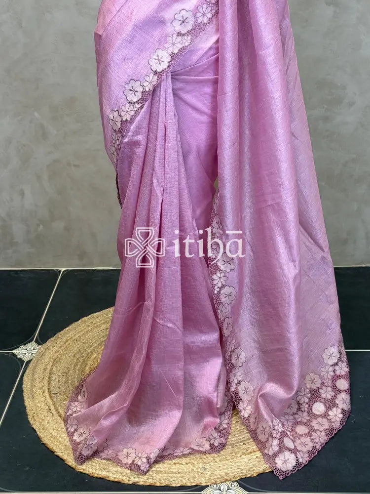 SEMI TUSSAR CUT WORK EMBROIDERY SAREE - PASTEL PINK