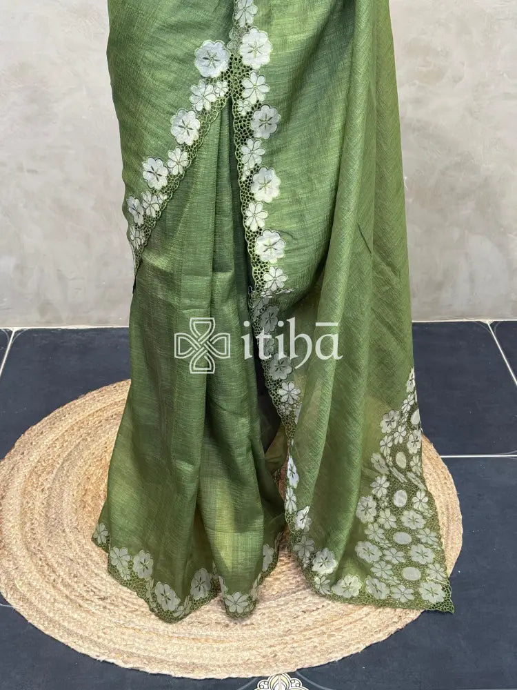 SEMI TUSSAR CUT WORK EMBROIDERY SAREE