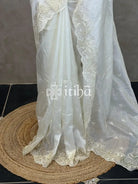 SEMI TUSSAR CUT WORK EMBROIDERY SAREE - PALE WHITE