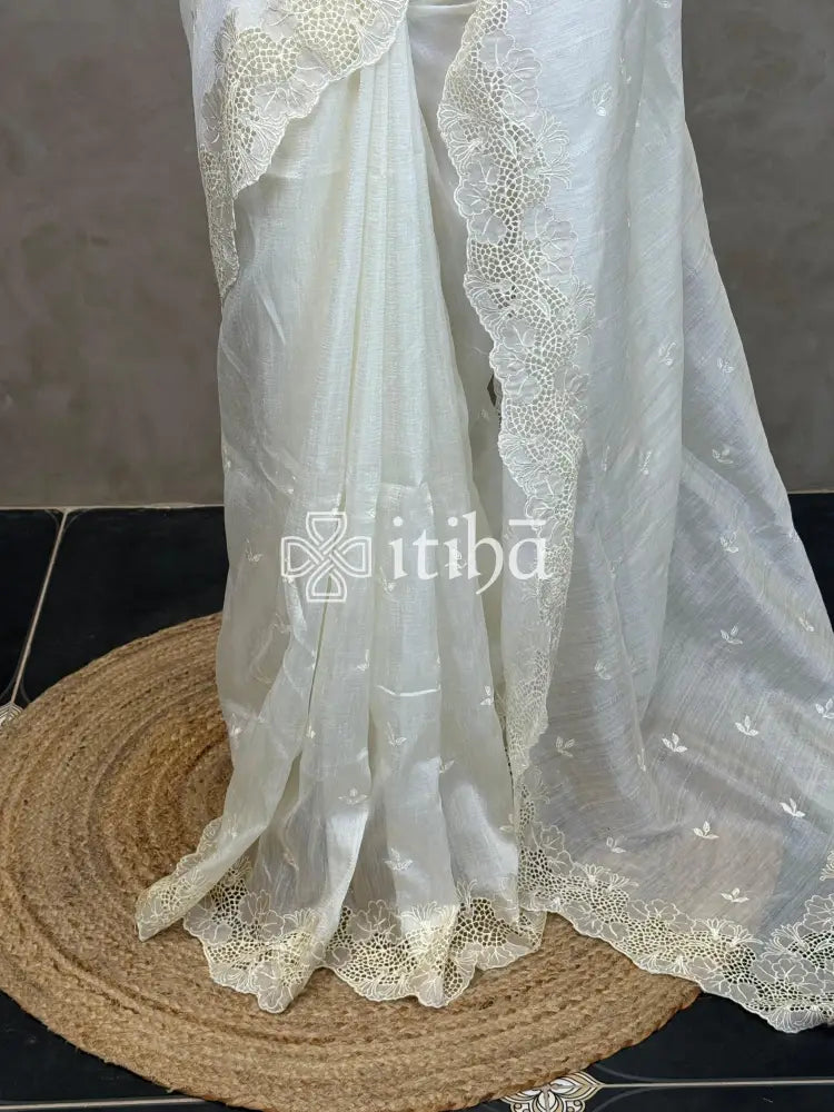 SEMI TUSSAR CUT WORK EMBROIDERY SAREE - PALE WHITE