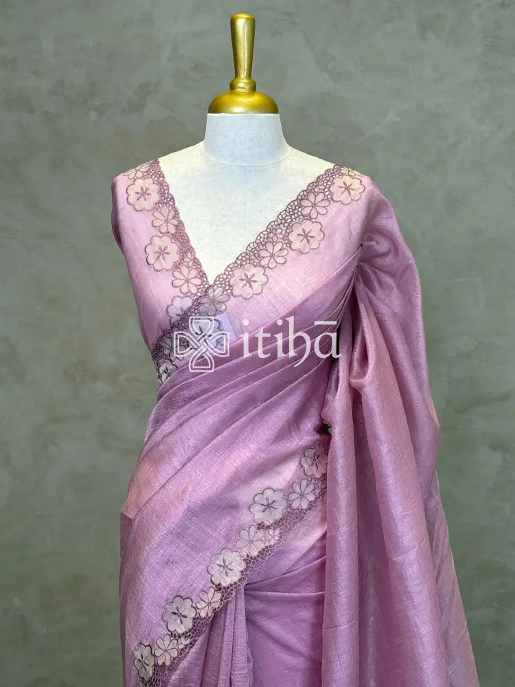 SEMI TUSSAR CUT WORK EMBROIDERY SAREE - PASTEL PINK