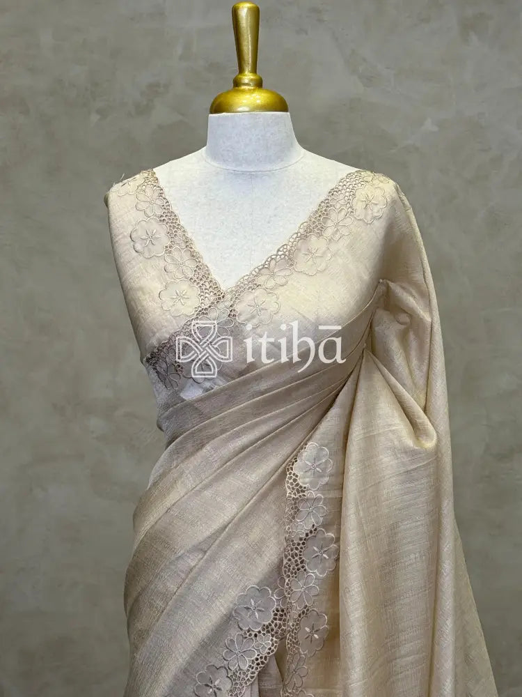 SEMI TUSSAR CUT WORK EMBROIDERY SAREE