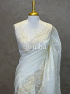 SEMI TUSSAR CUT WORK EMBROIDERY SAREE - PALE WHITE