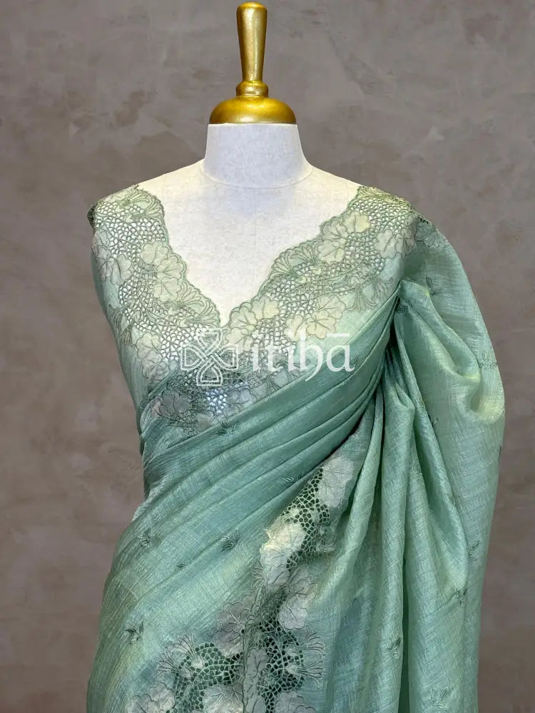 SEMI TUSSAR CUT WORK EMBROIDERY SAREE