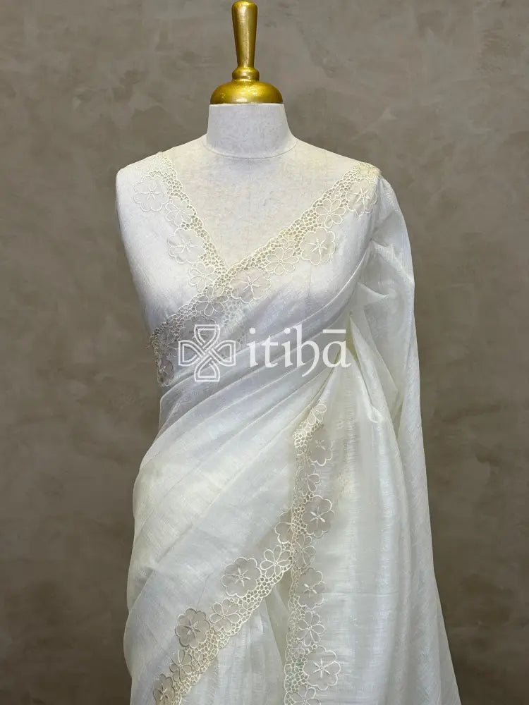 SEMI TUSSAR CUT WORK EMBROIDERY SAREE