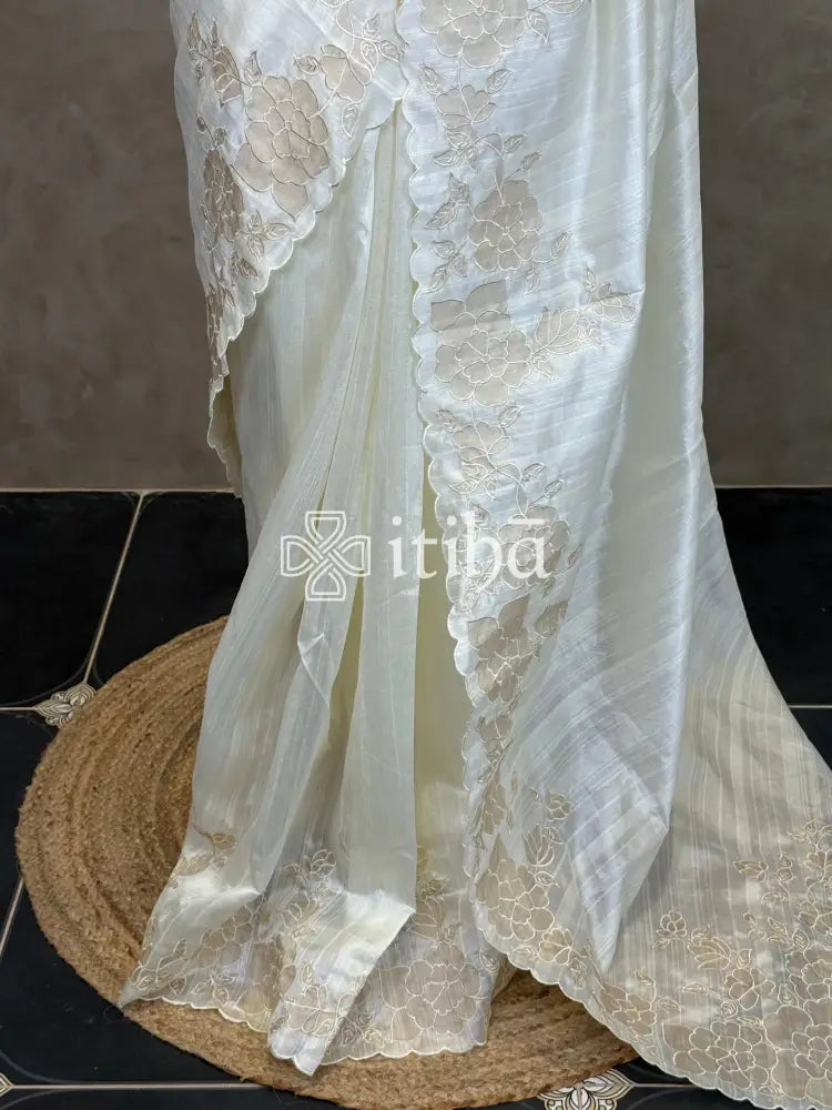 SEMI TUSSAR CUT WORK EMBROIDERY SAREE