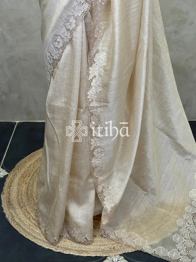 SEMI TUSSAR CUT WORK EMBROIDERY SAREE