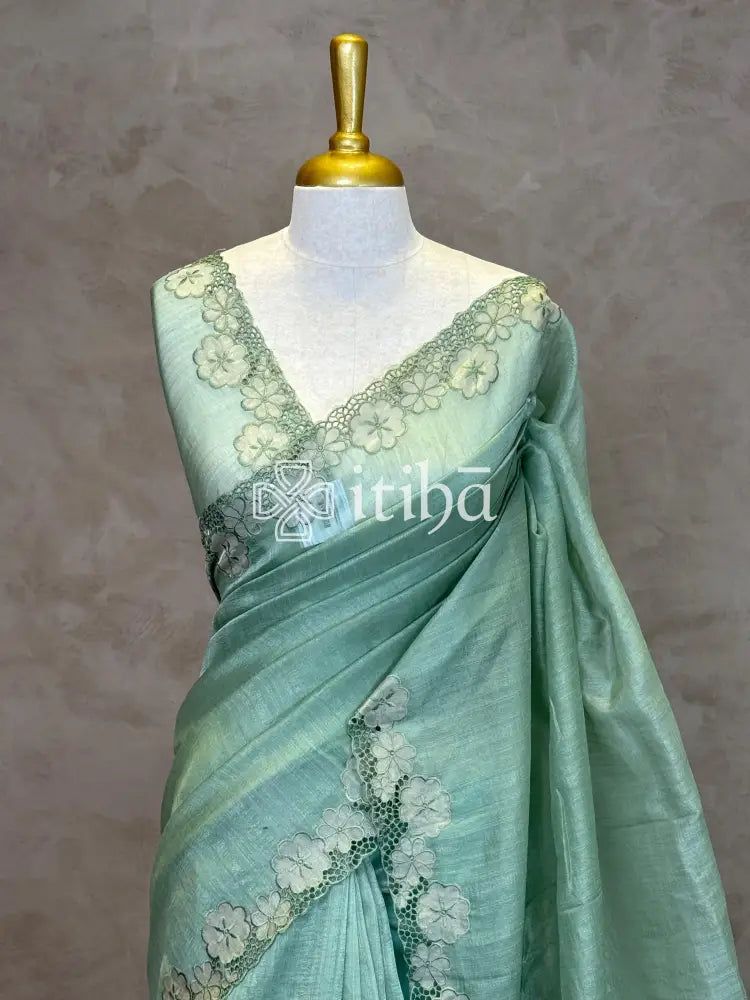 SEMI TUSSAR CUT WORK EMBROIDERY SAREE