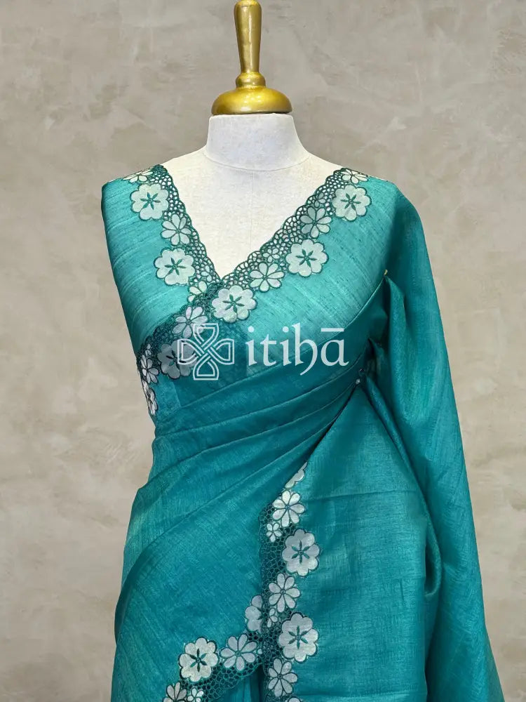 SEMI TUSSAR CUT WORK EMBROIDERY SAREE