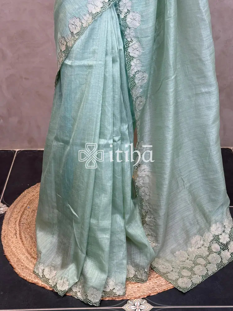 SEMI TUSSAR CUT WORK EMBROIDERY SAREE