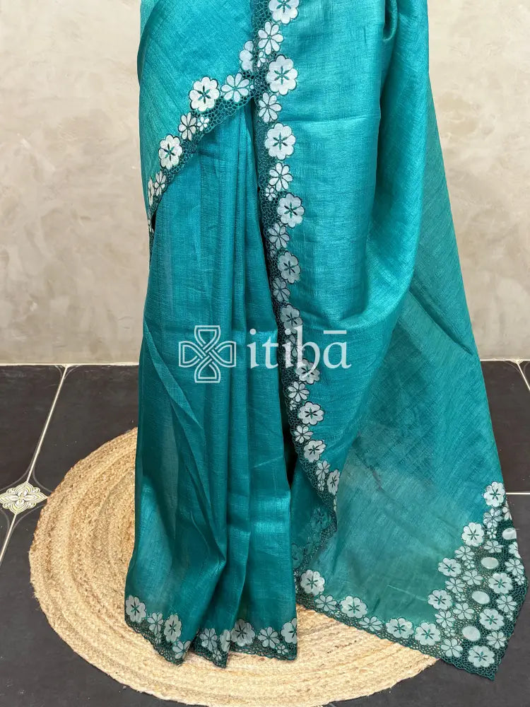 SEMI TUSSAR CUT WORK EMBROIDERY SAREE