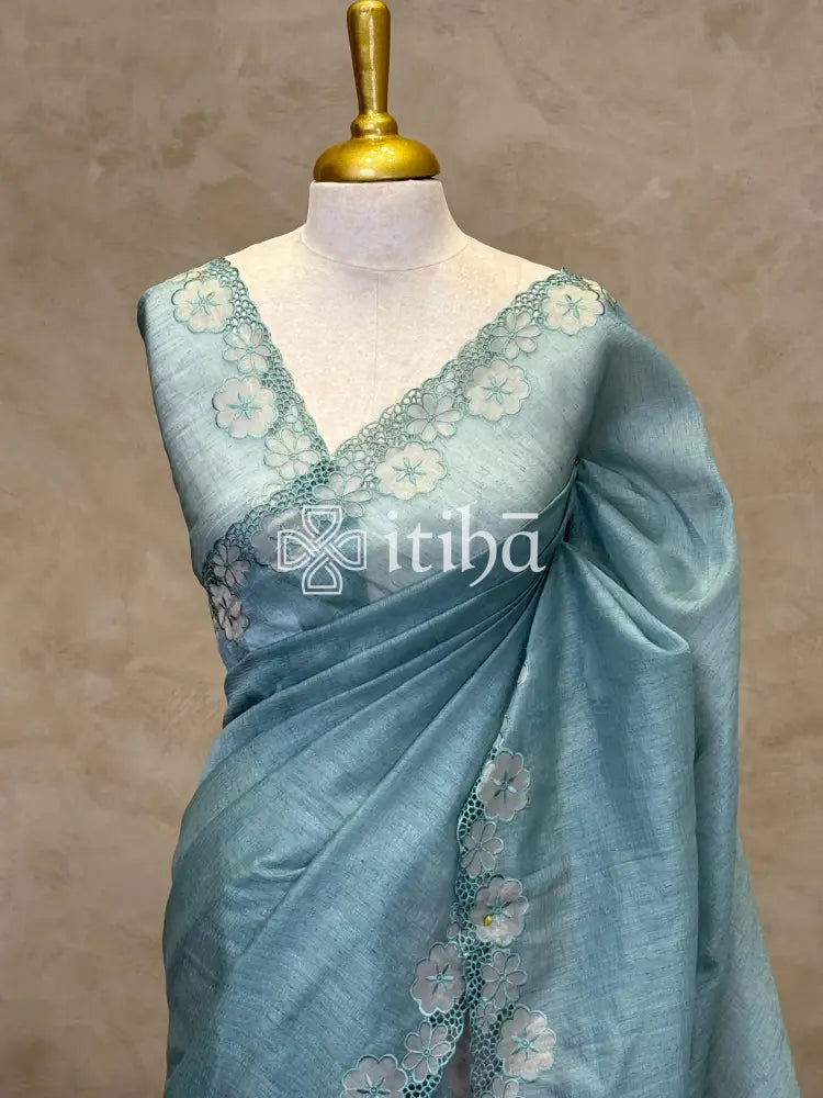 SEMI TUSSAR CUT WORK EMBROIDERY SAREE