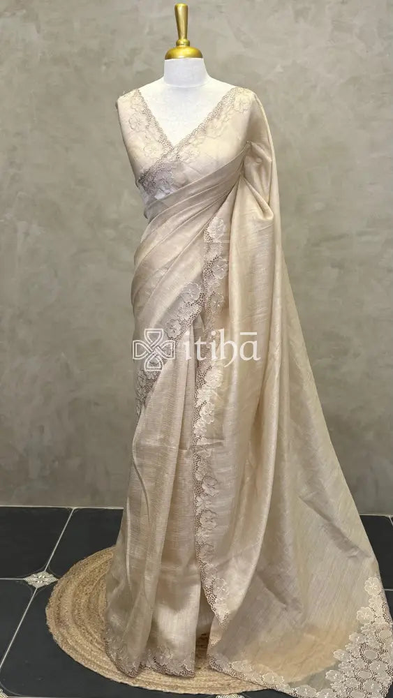 SEMI TUSSAR CUT WORK EMBROIDERY SAREE - Beige