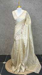 SEMI TUSSAR CUT WORK EMBROIDERY SAREE - CREAM