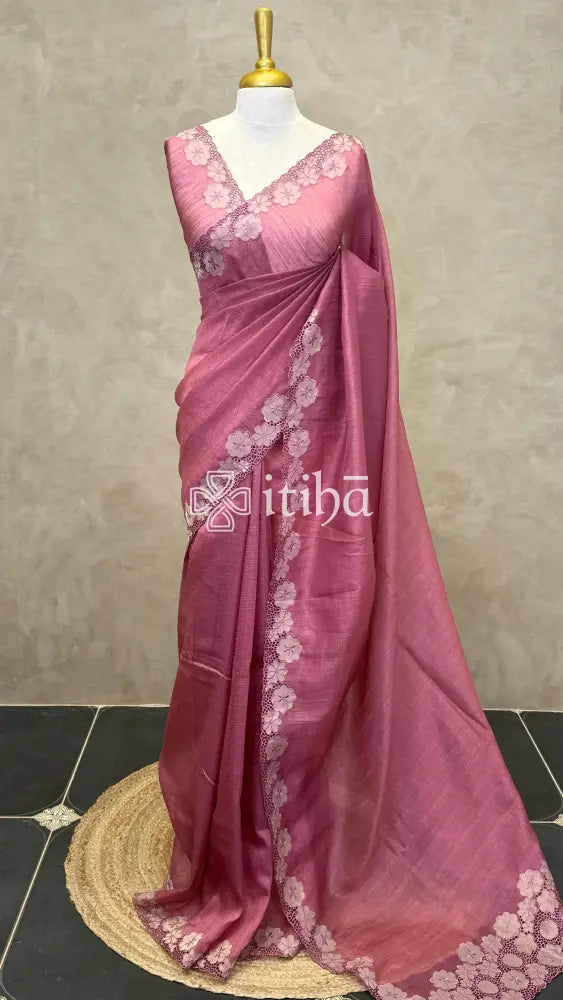 SEMI TUSSAR CUT WORK EMBROIDERY SAREE - DEEP ROSE PINK