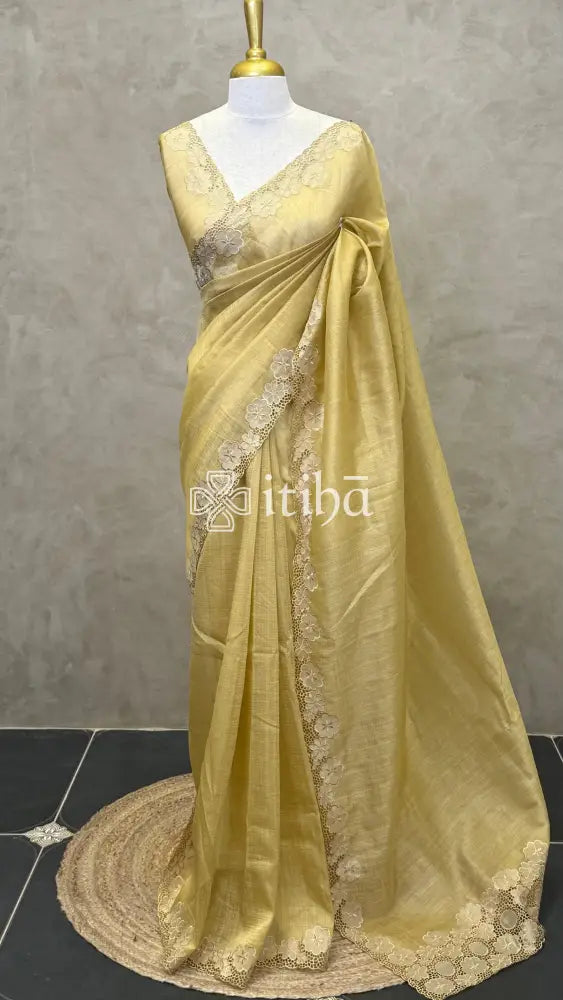 SEMI TUSSAR CUT WORK EMBROIDERY SAREE - GOLDEN YELLOW