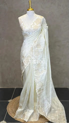 SEMI TUSSAR CUT WORK EMBROIDERY SAREE - OFF WHITE