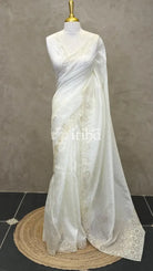 SEMI TUSSAR CUT WORK EMBROIDERY SAREE - OFF WHITE