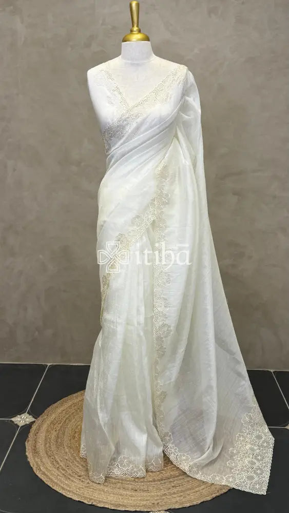 SEMI TUSSAR CUT WORK EMBROIDERY SAREE - OFF WHITE
