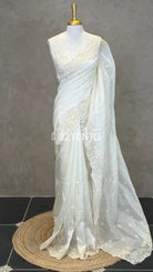 SEMI TUSSAR CUT WORK EMBROIDERY SAREE - PALE WHITE
