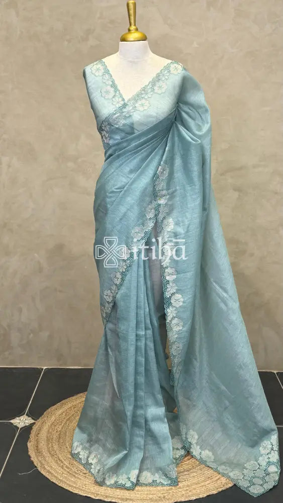 SEMI TUSSAR CUT WORK EMBROIDERY SAREE - PASTEL BLUE